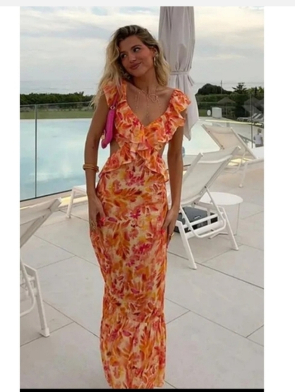 Zara Linen Midi Dress With Ruffles Orange NWT